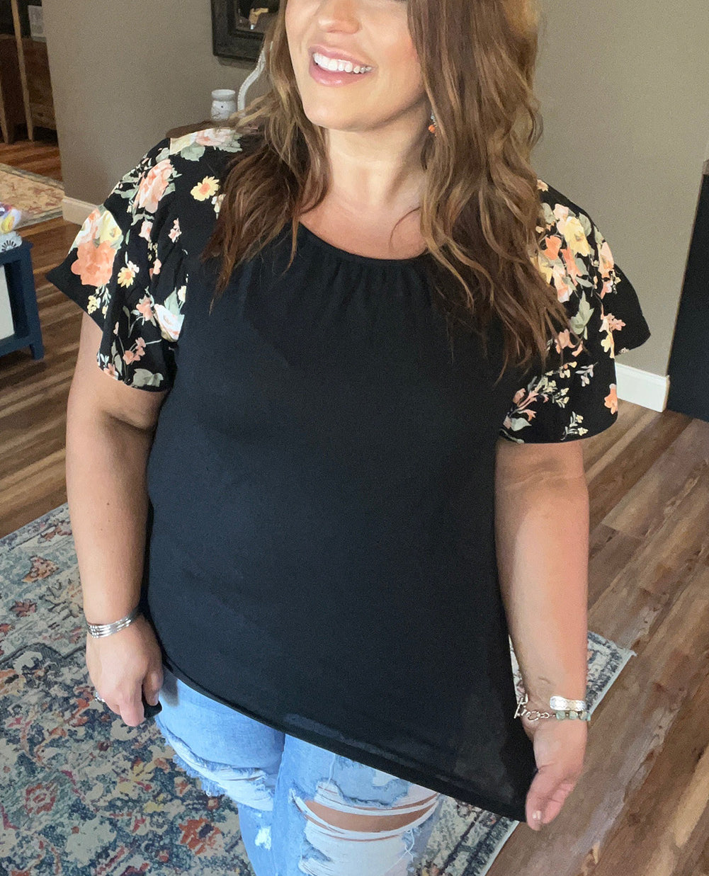 Floral Ruffle Sleeve Plus Size Top