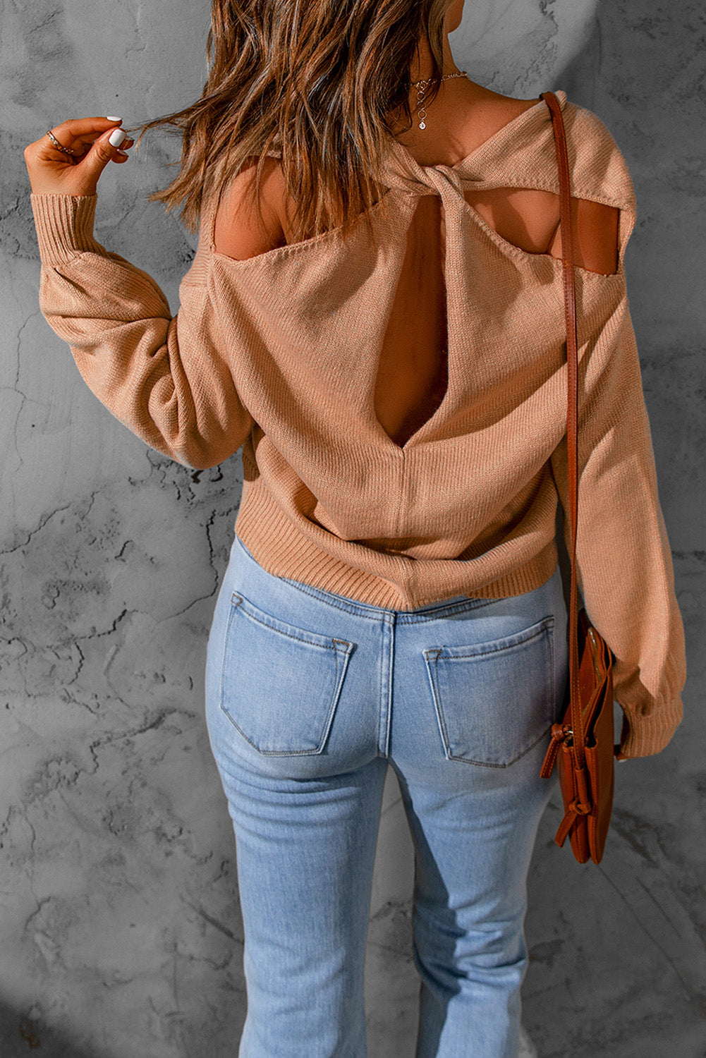 Apricot Twist Cutout Back Rib Cuffs Sweater