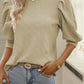 Vintage Textured Puff Sleeve Mock Neck Top