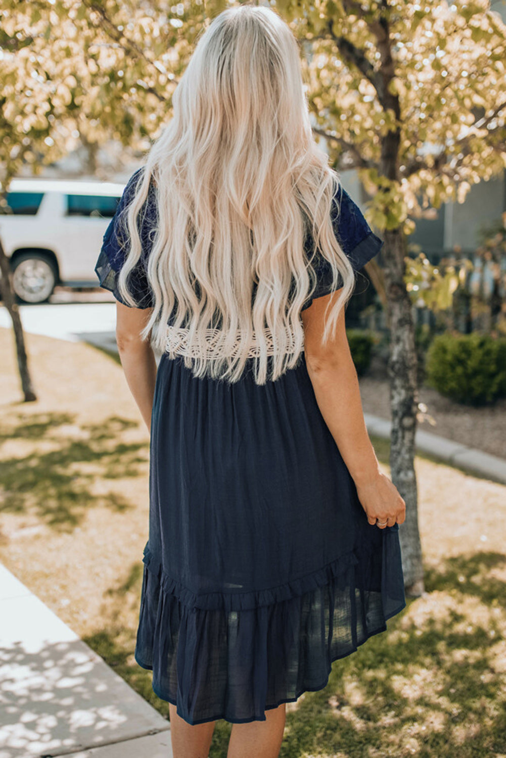 Blue Lace Ruffle Sleeve Cinch Waist Smocking Dress