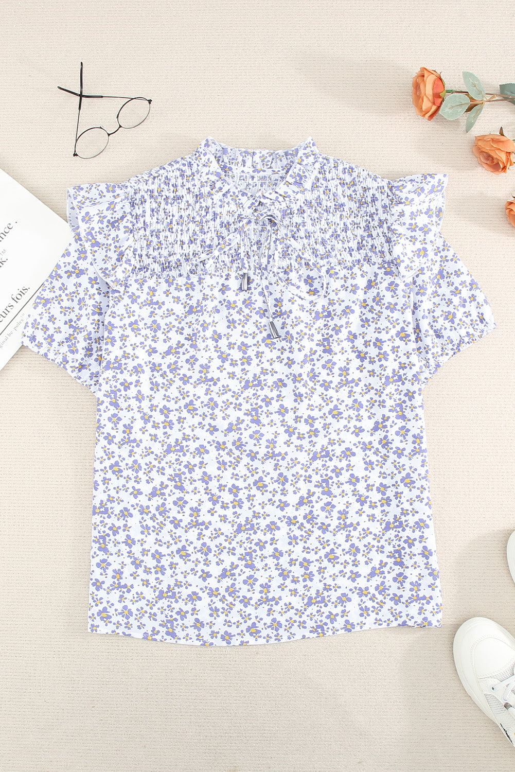 Floral Print Smocked Ruffled V Neck T-shirt