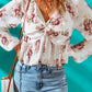 V Neck Balloon Sleeve Twist Front Floral Blouse