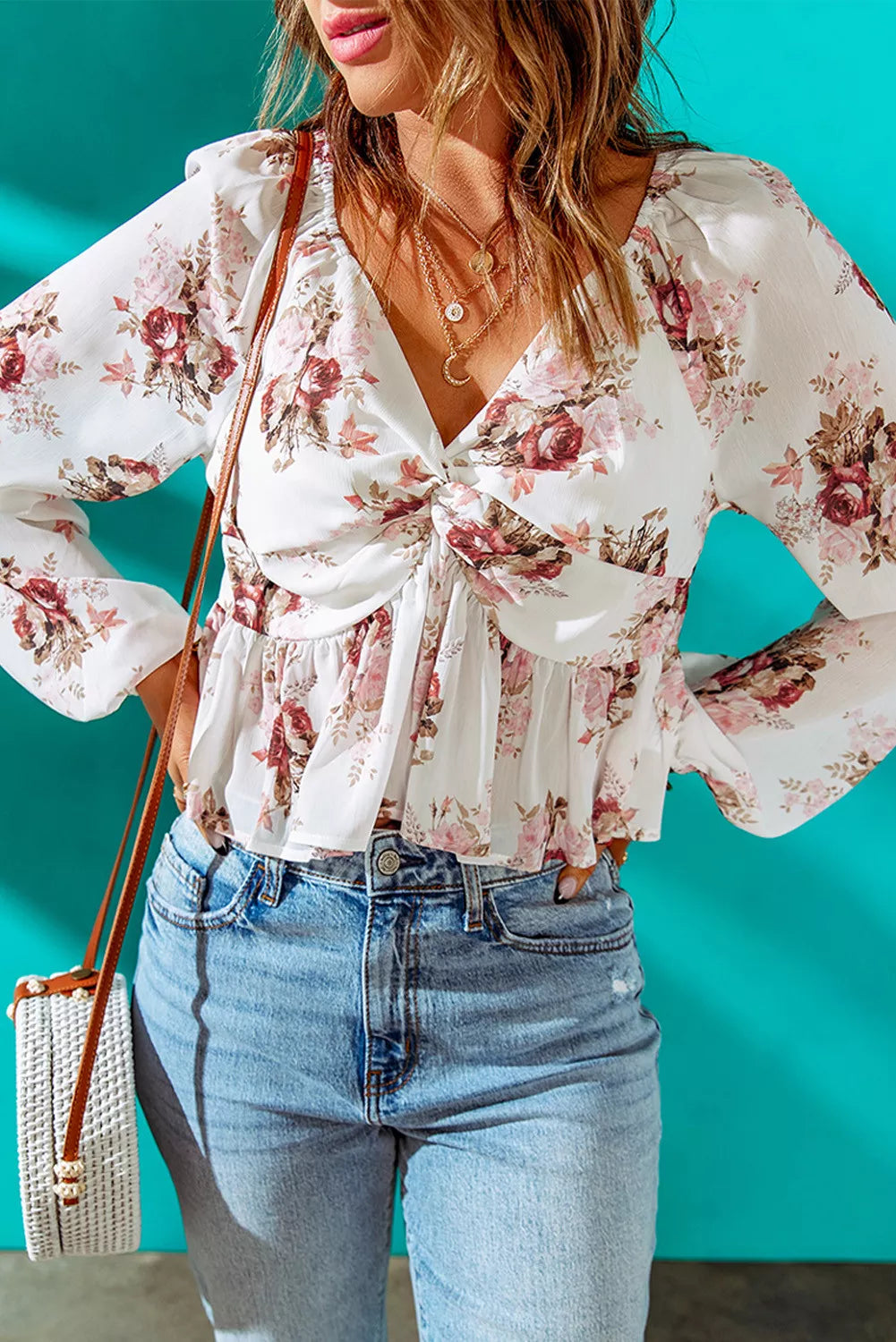 V Neck Balloon Sleeve Twist Front Floral Blouse
