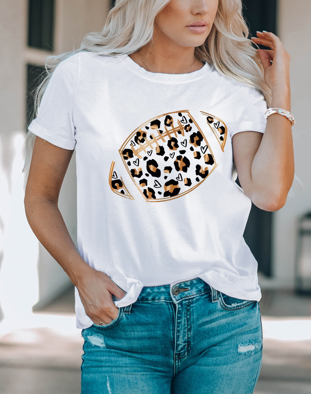 White Leopard Heart Shape Rugby Print Short Sleeve T Shirt