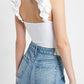 White Ruched Puff Strap Scoop Neck Bodysuit