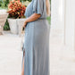 Sky Blue Plus Size Short Sleeves Rib Knit Maxi Dress with Slit