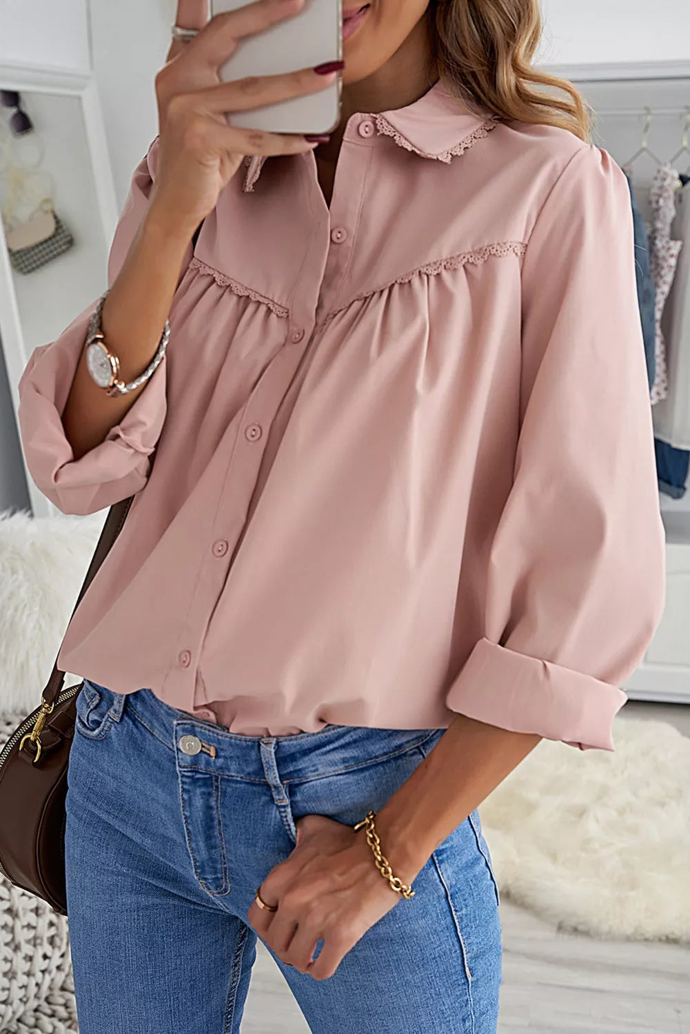 Plain Pleated Bust Cuffed Sleeves Shirt