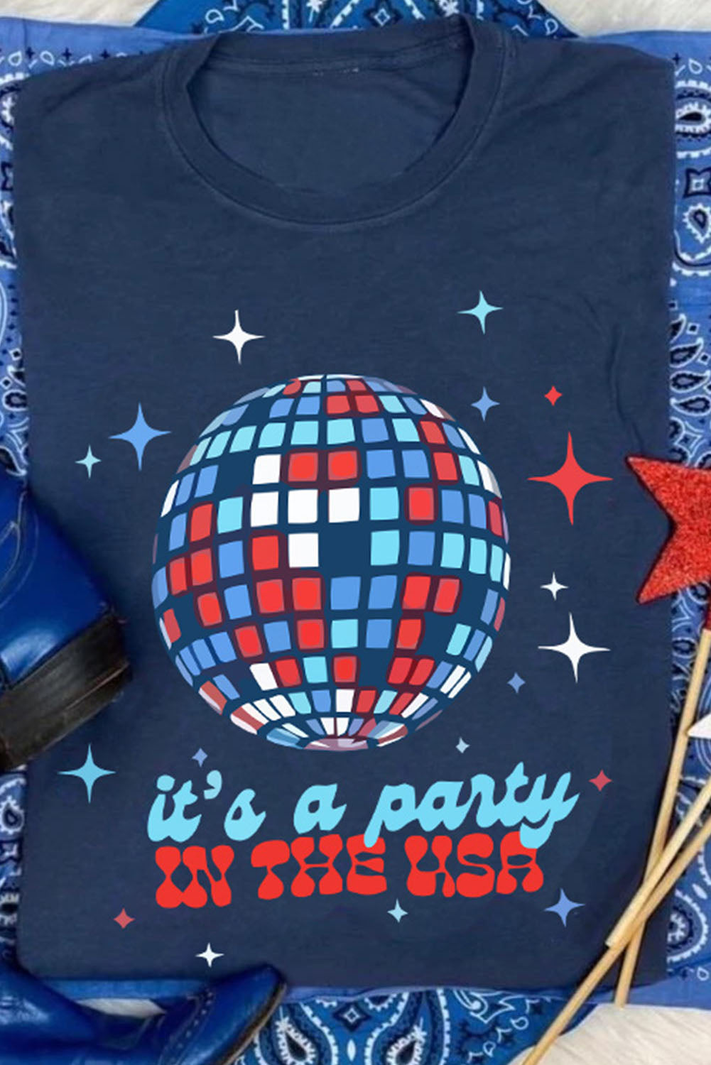 Blue Party In USA Graphic Print Short Sleeve T Shirt