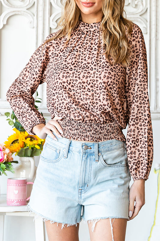 Leopard Bubble Sleeves Smocked Blouse
