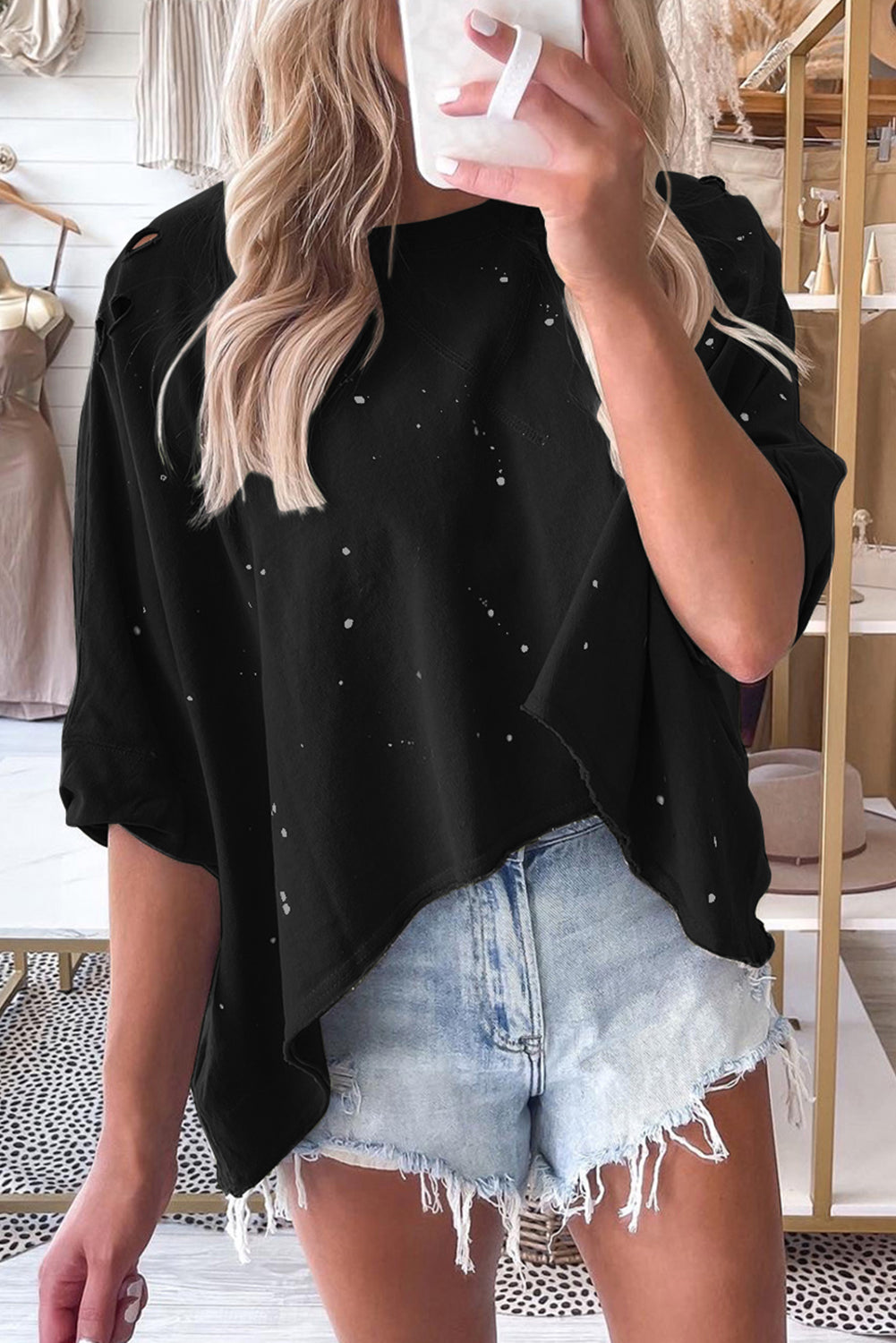 Distressed Bleached Asymmetric Hem Short Sleeve Top