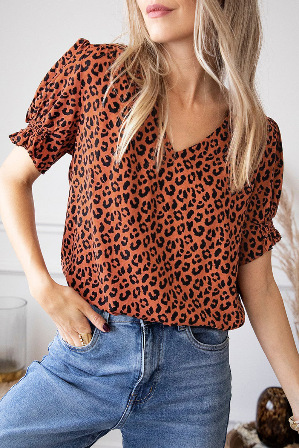 Brown Short Puff Sleeves V Neck Leopard Print Top