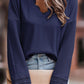 Ribbed Texture Lace Trim V Neck Long Sleeve Top