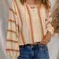Beige Lace up V Neck Striped Knit Sweater