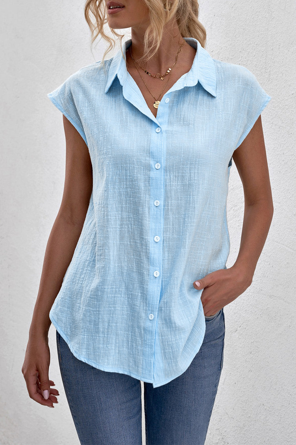 Sky Blue Turn-down Collar Button Front Tank