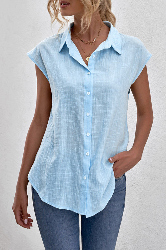 Sky Blue Turn-down Collar Button Front Tank