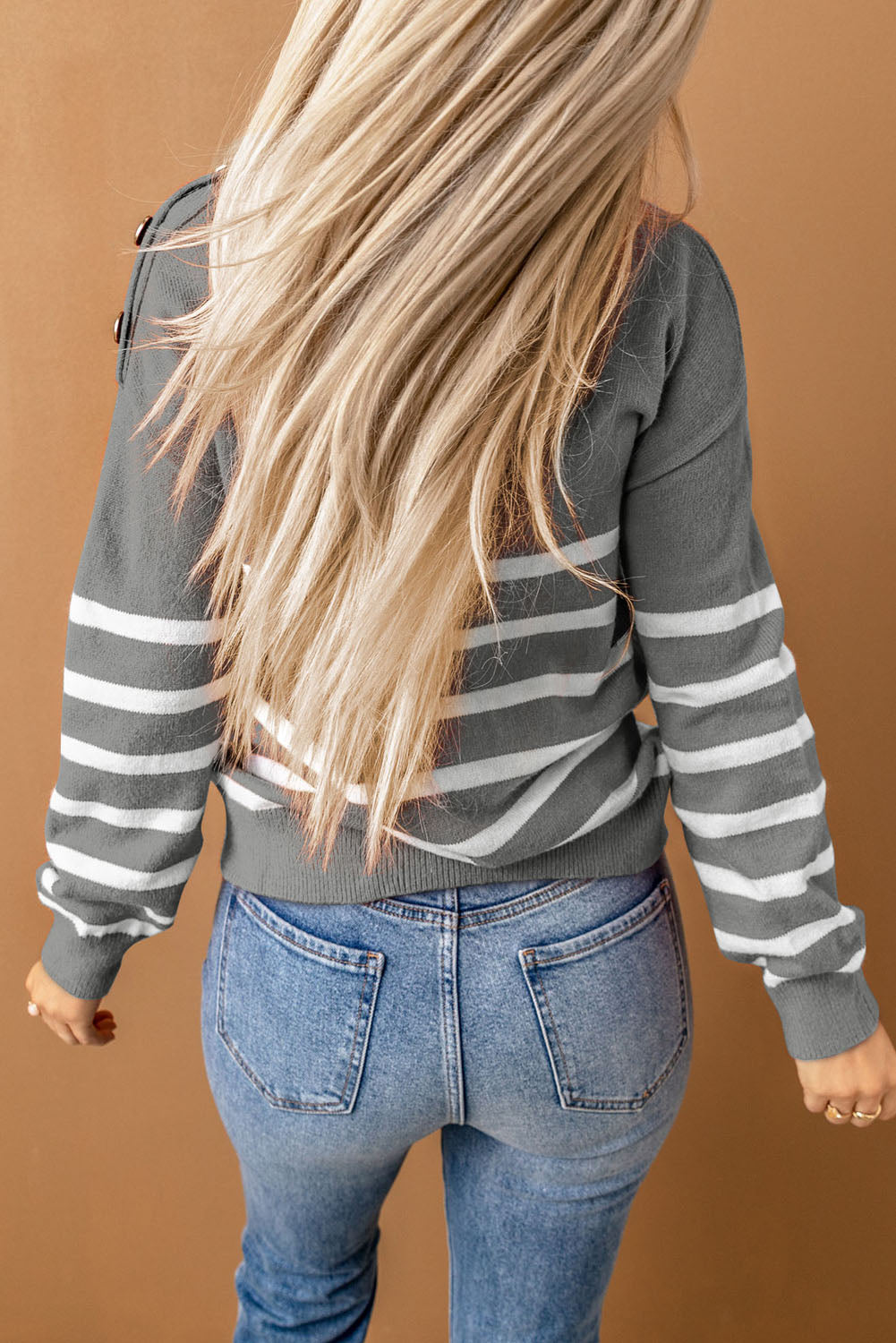 Striped Turtleneck Long Sleeve Sweater with Buttons