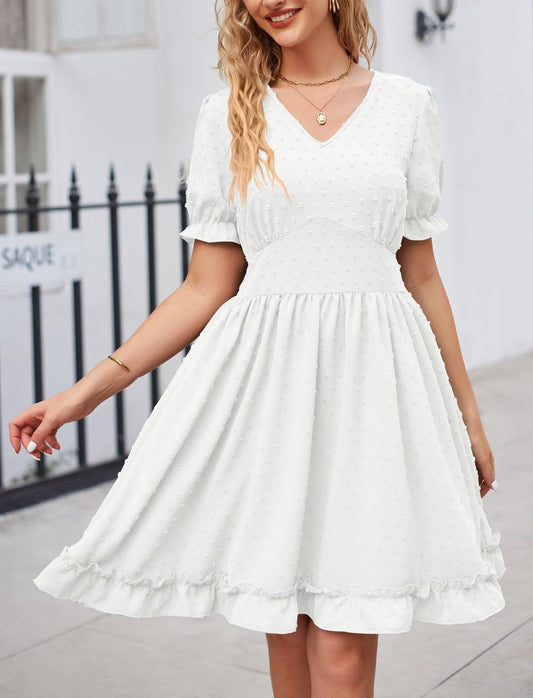 V-Neck Swiss Dot Puff Sleeve Waist-Skimming Dress