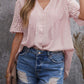 V Neck Eyelet Short Sleeve Pleated Blouse