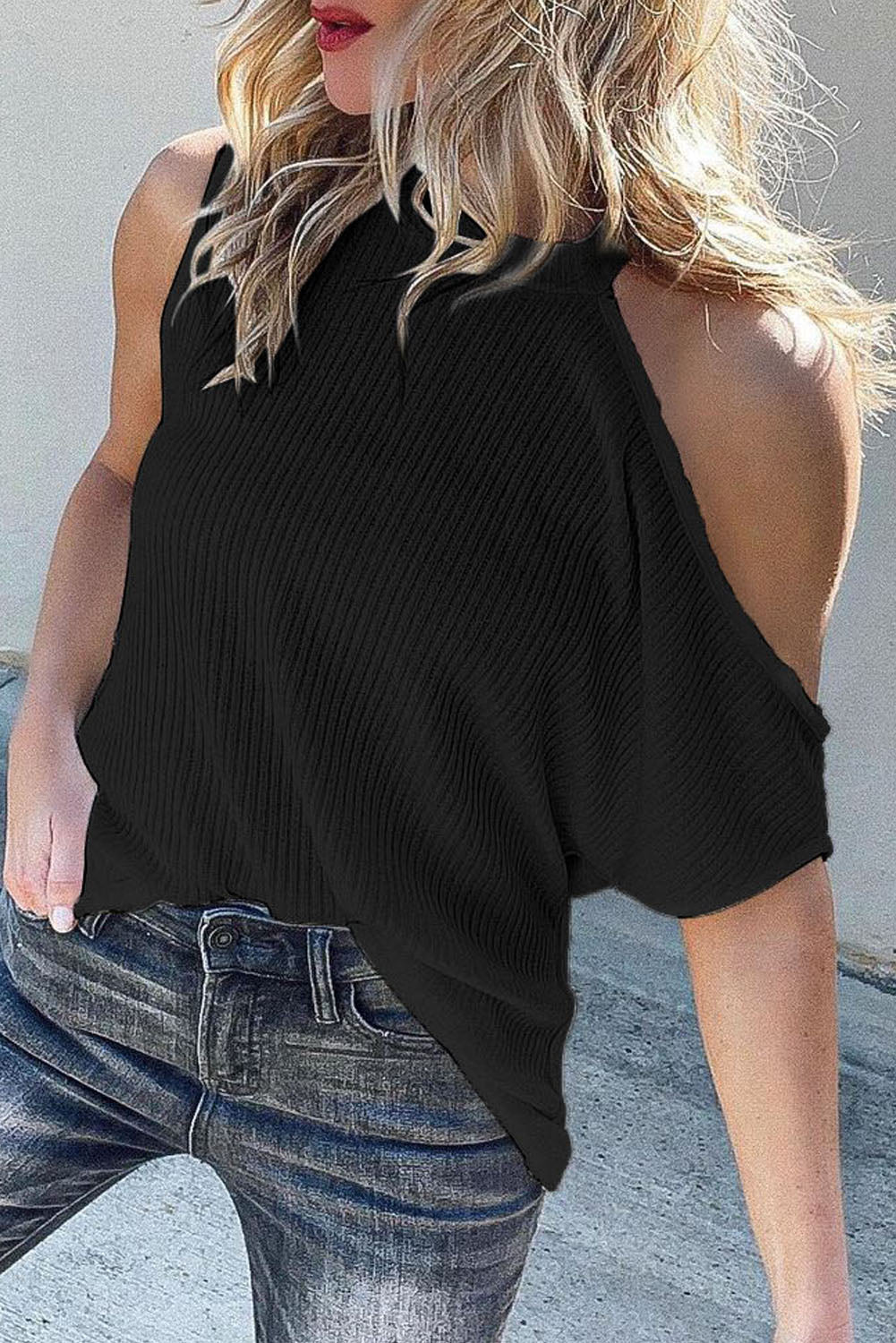 Ribbed Cold Shoulder Knit Top