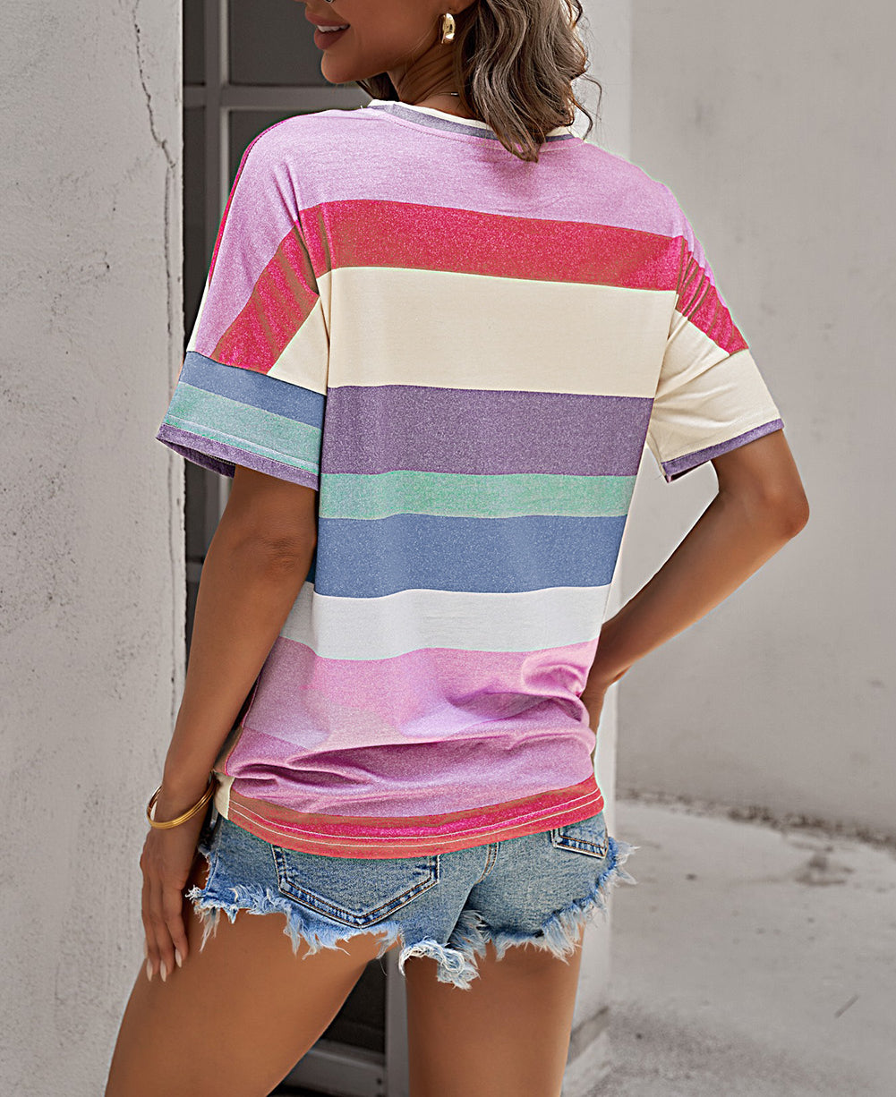 Multicolor Striped Short Sleeve Top with Knot