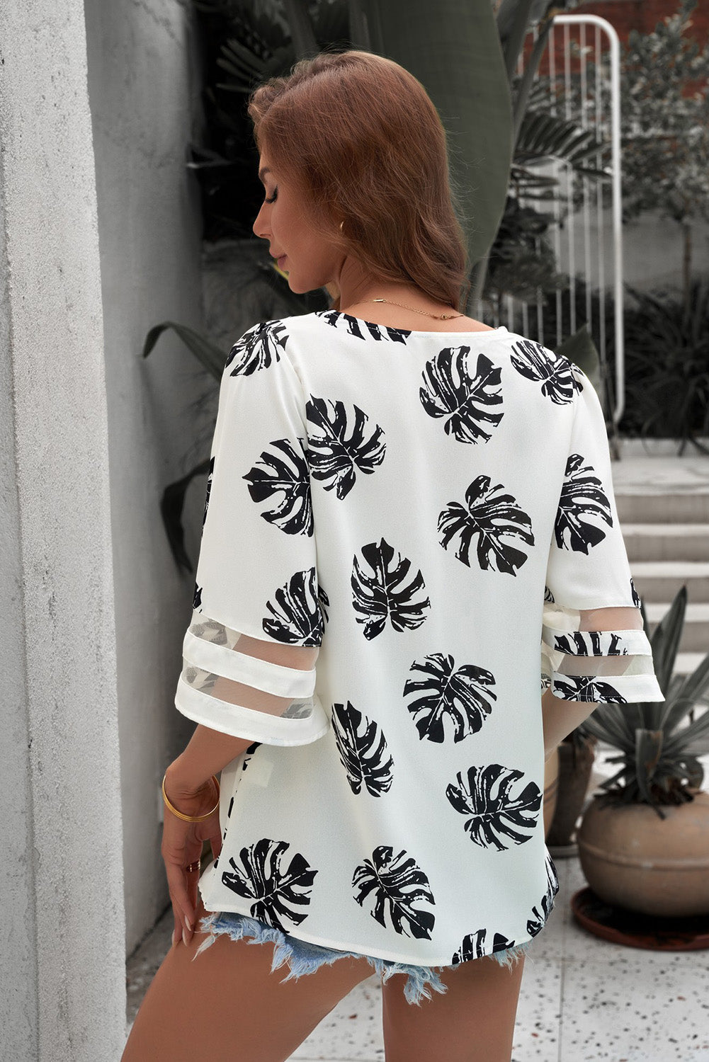 V Neck Mesh Splicing Sleeve Palm Leaf Print Top