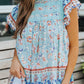 Sky Blue Floral Print Ruffled Crew Neck Sleeveless Top