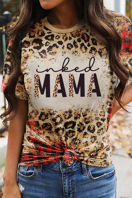 Leopard inked MAMA Leopard Plaid Print T Shirt