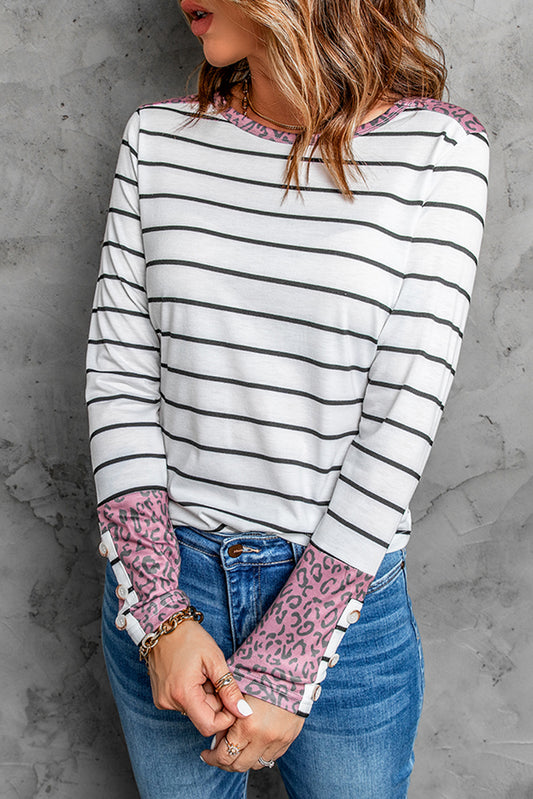 White Round Neck Leopard Splicing Sleeve Button Striped Top