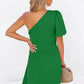 Green Asymmetric Bubble Sleeve Twist Knot Wrap Dress