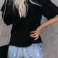 Black Floral Embroidered Flounce Puff Sleeve Blouse
