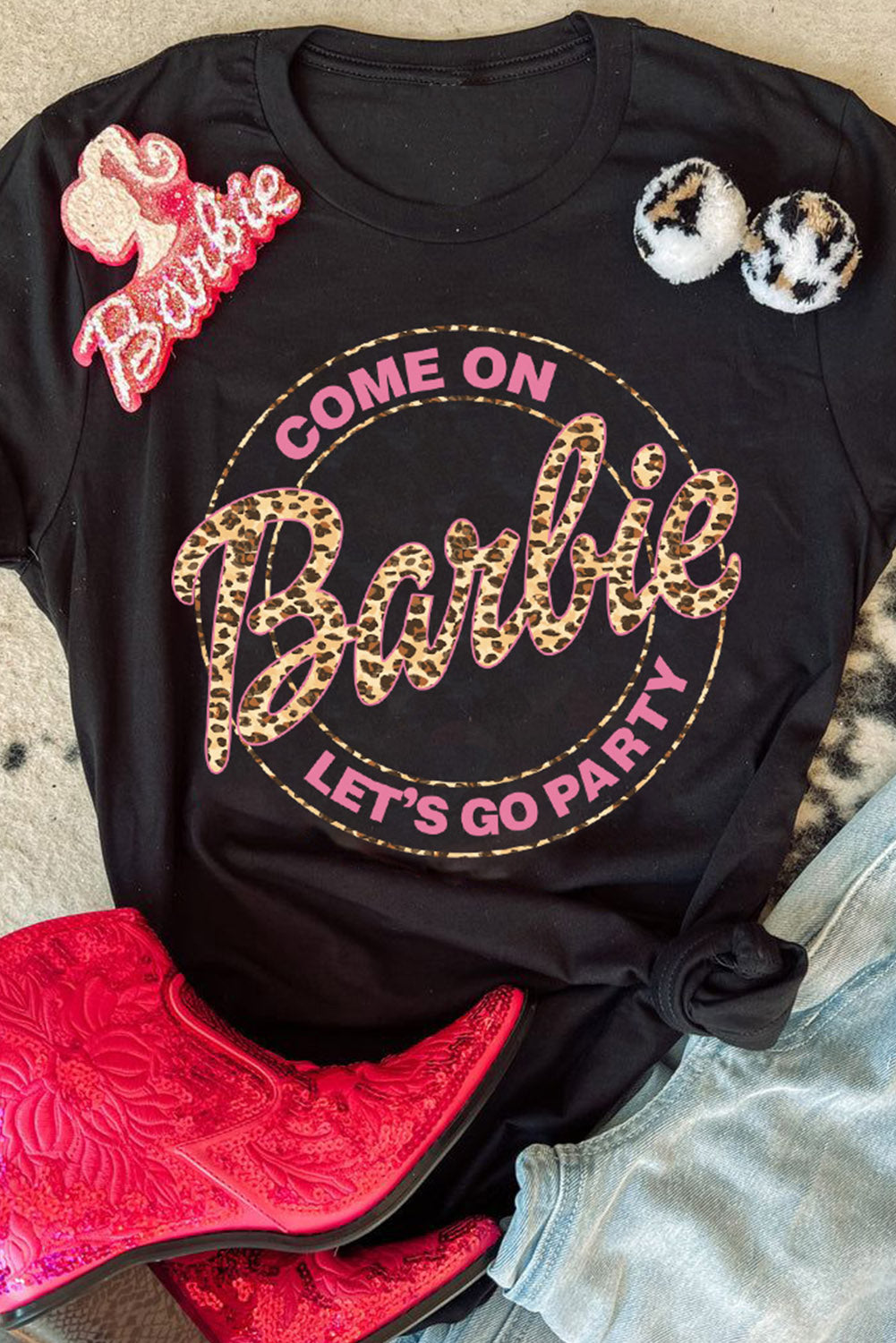 Black Come On Barbie Leopard Graphic T Shirt