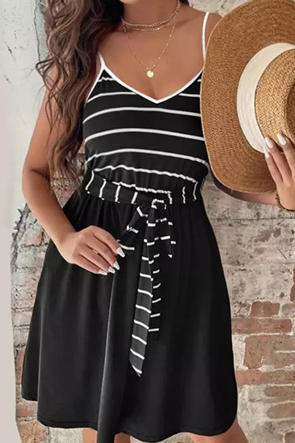 Black Spaghetti Straps Striped Cami Dress with Sash