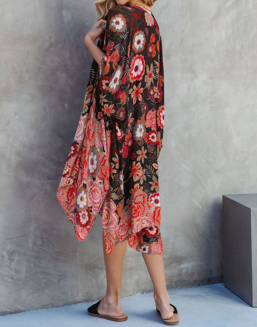 Floral Print Half Sleeve Open Front Kimono