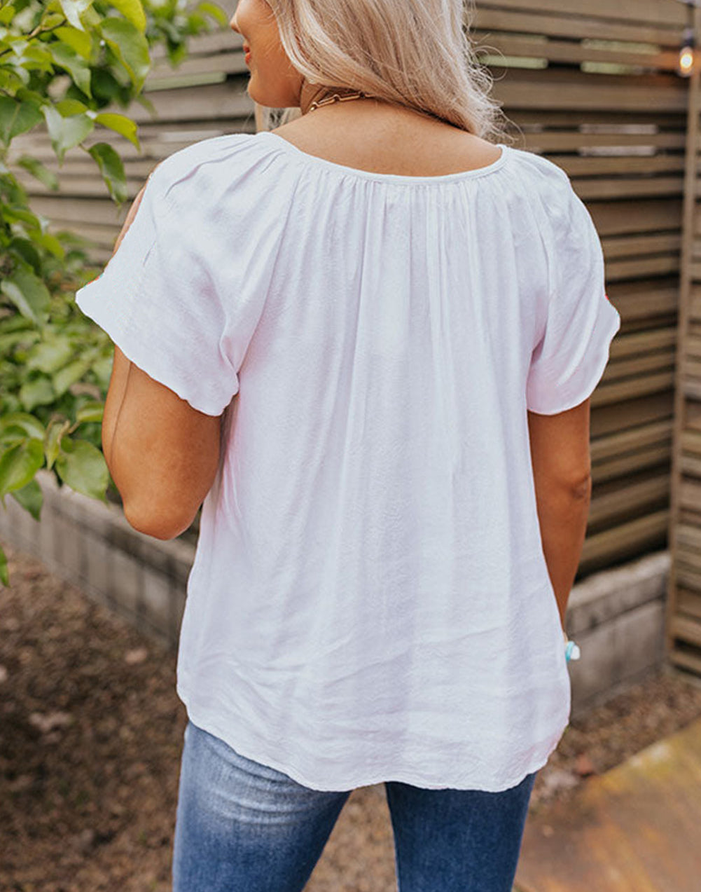 Short Sleeve V Neck Floral Embroidered Blouse