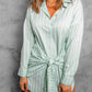 Striped Tie Front Button Shirt Tunic Dress
