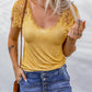 Yellow Lace Crochet Short Sleeve U Neck T Shirt