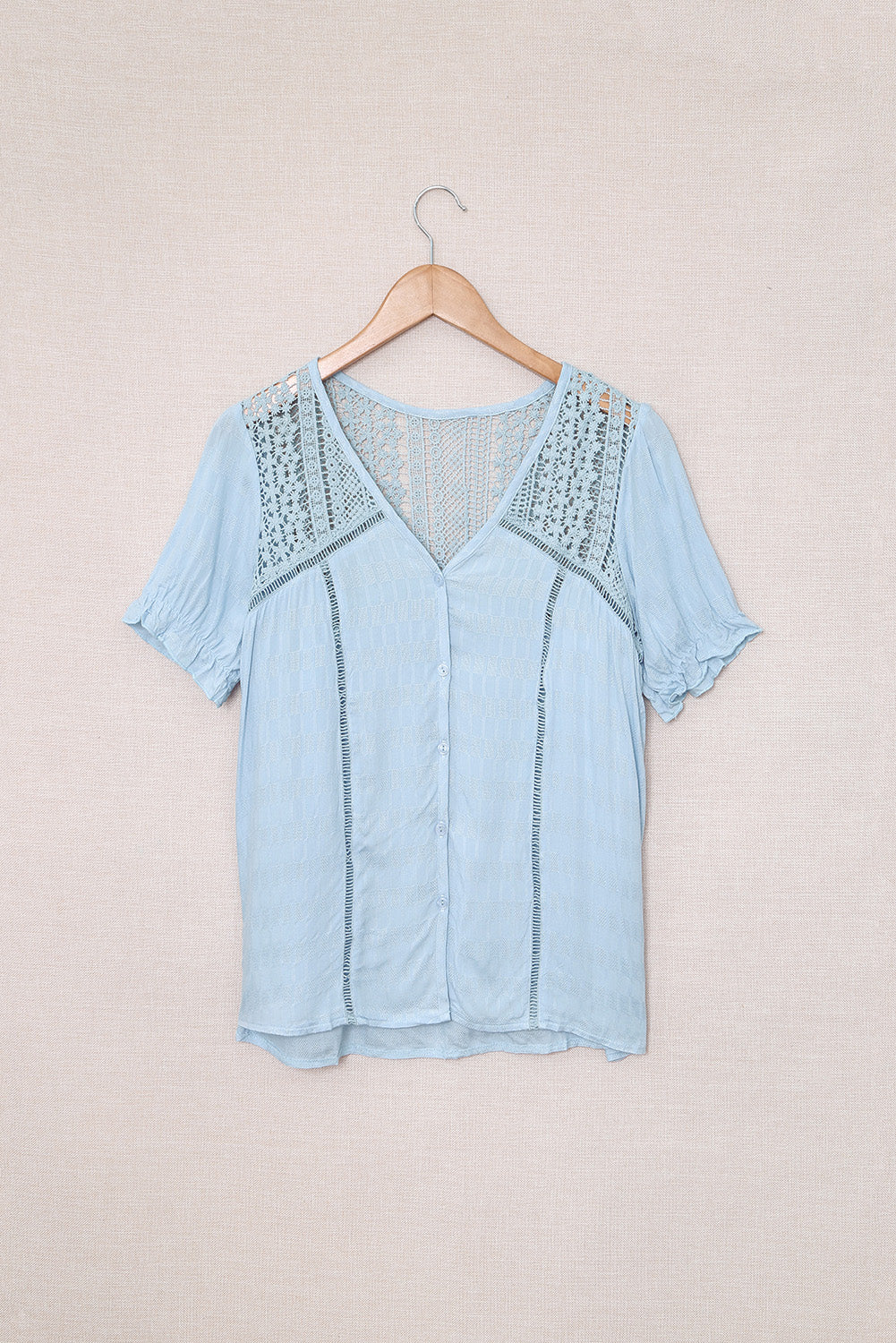 V Neck Lace Crochet Short Sleeve Shirt