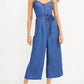 Buttoned Wide Leg Belted Chambray Strappy Jumpsuit