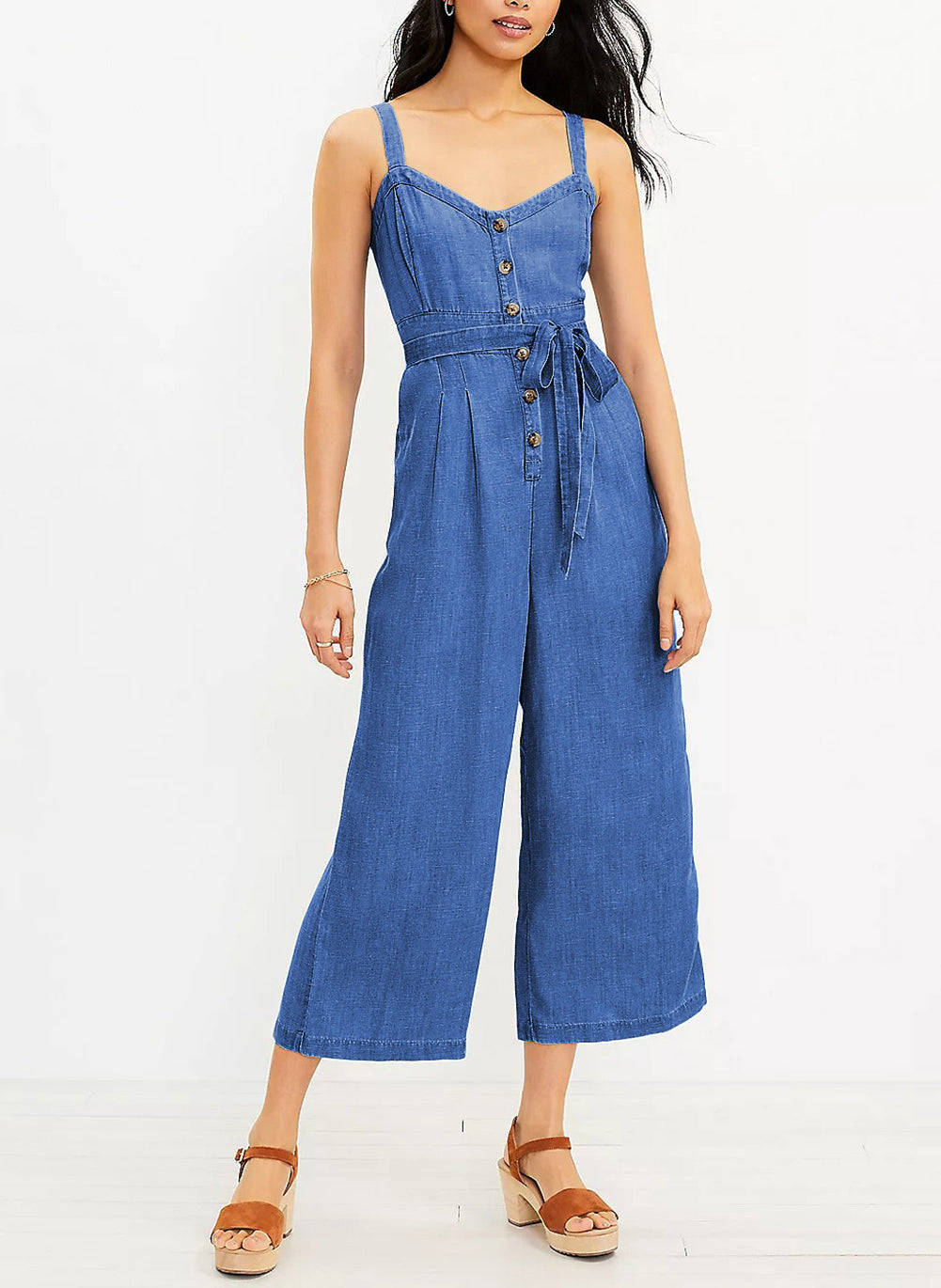 Buttoned Wide Leg Belted Chambray Strappy Jumpsuit