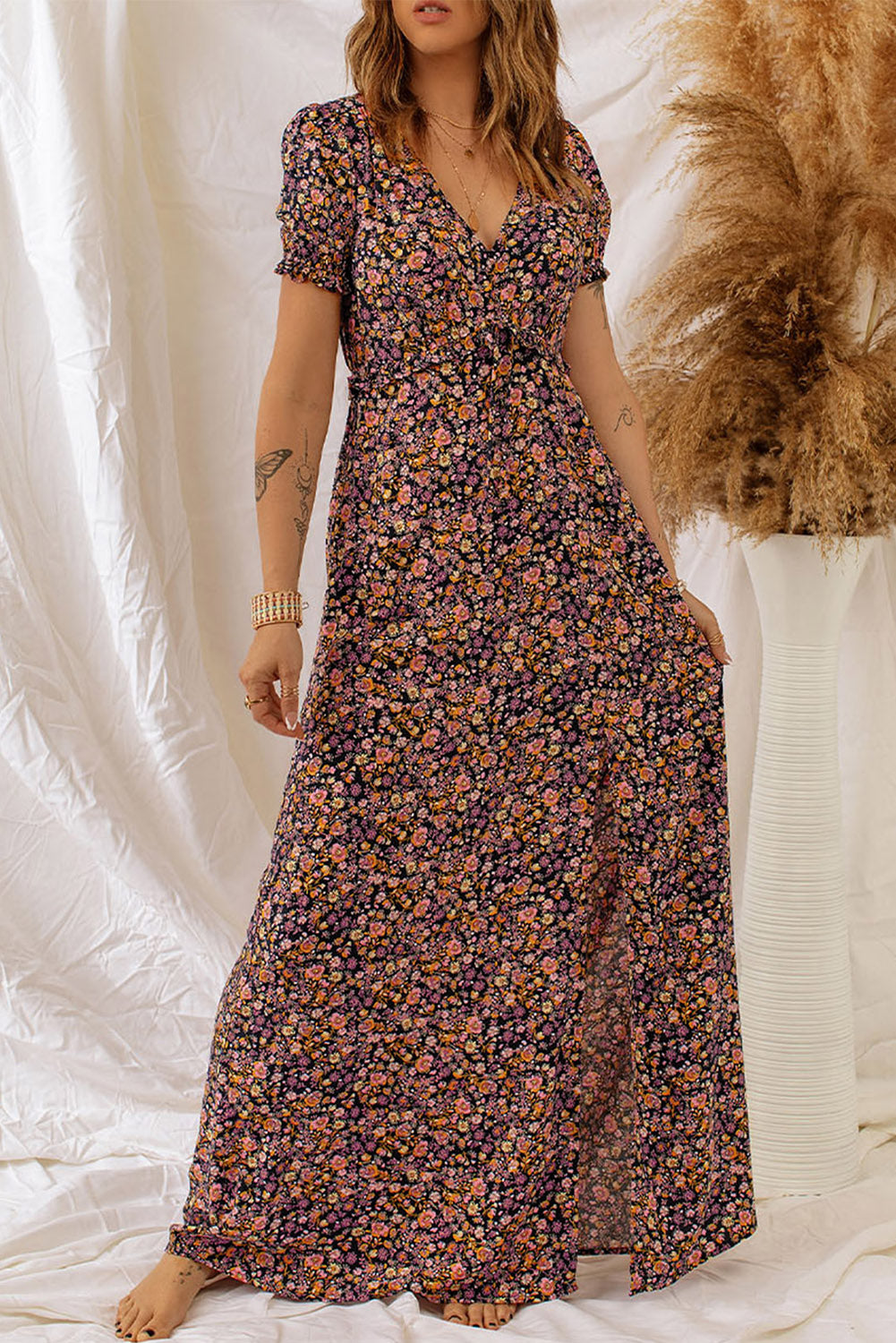 Multicolor Boho V Neck Maxi Floral Dress