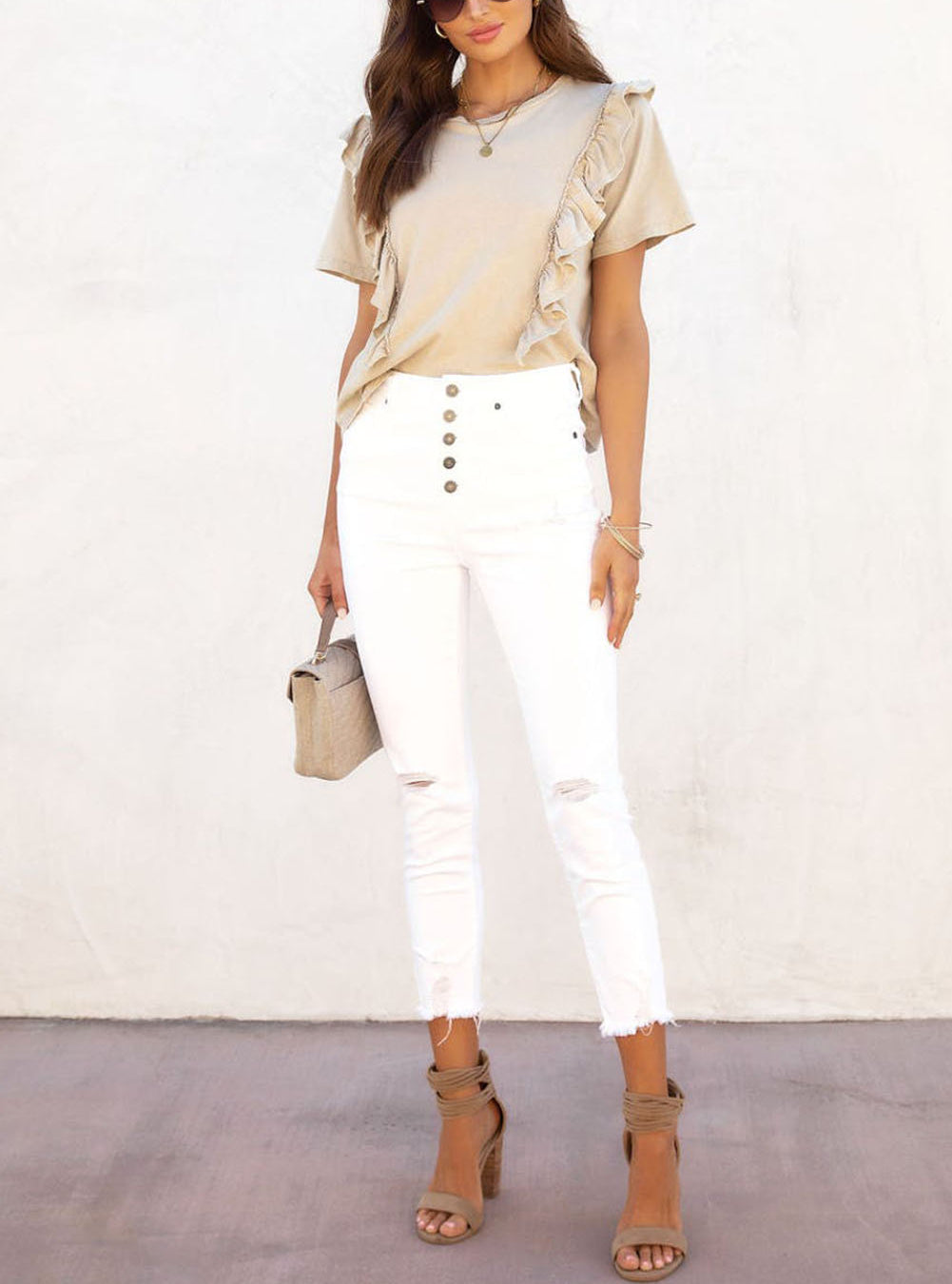 Khaki Ruffle Trim Short Sleeve T Shirt