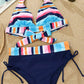Multicolor Striped Ruched Tie Halter Backless Bikini Set