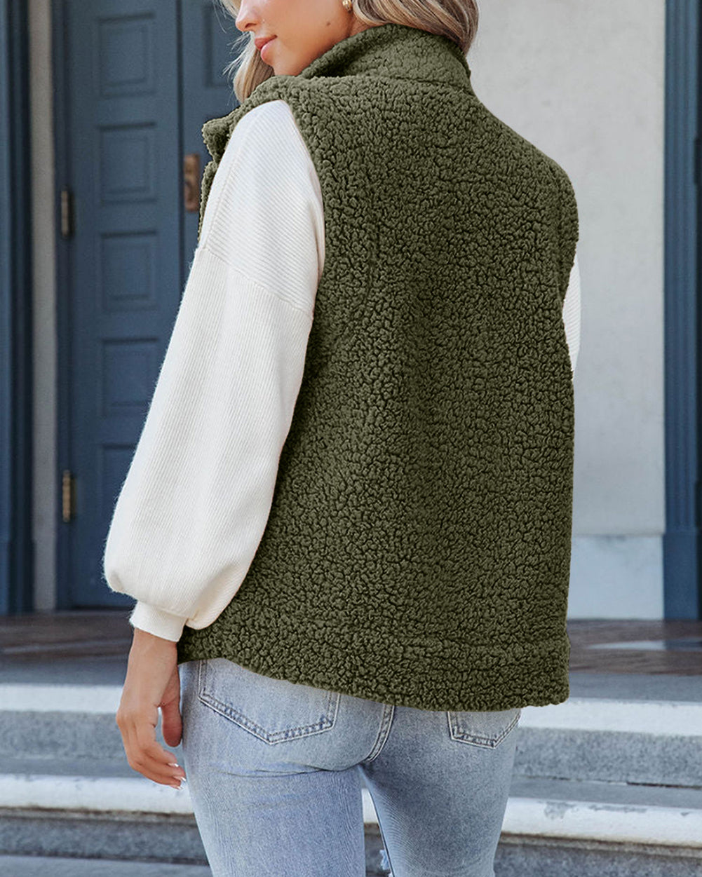 Snap Button Pocketed Sherpa Vest Jacket