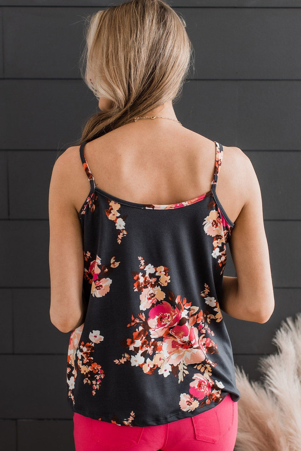 Black Floral Print Adjustable Spaghetti Strap V Neck Tank Top