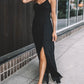 Black Spaghetti Straps Ribbed Lace up Back Maxi Dress