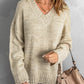Khaki V neck Drop Shoulder Knitted Sweater