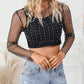 Pearl and Rhinestone Detail Sheer Mesh Top