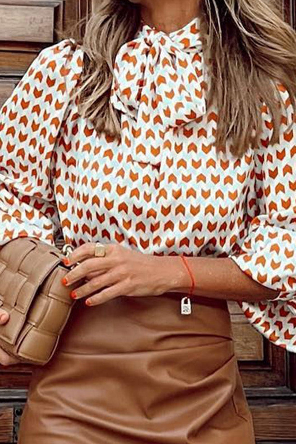 Multicolor Geometric Print Tie Puff Sleeve Blouse