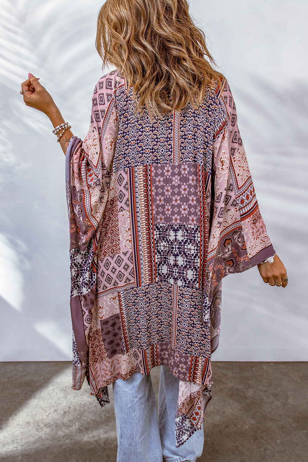 Pink Geometric Print Open Front Kimono
