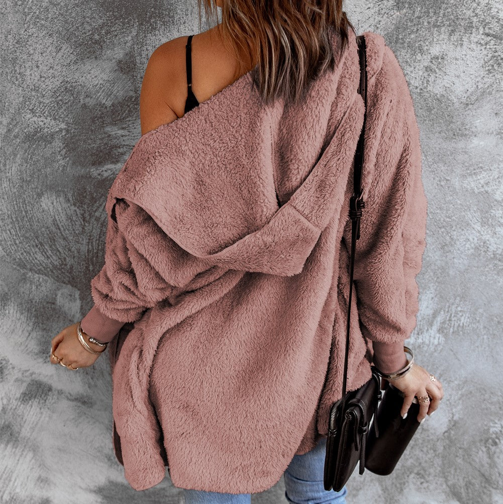 Soft Fleece Hooded Open Front Coat